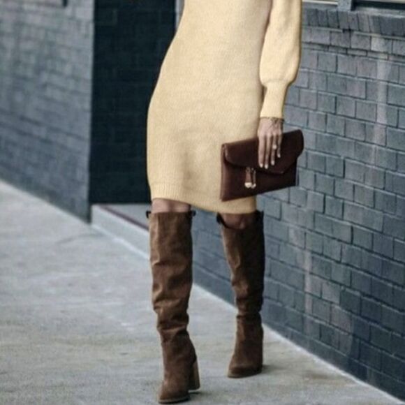 Splendid Chocolate Brown Suede Leather Square Toe Chunky Heel Slouchy Tall Boots - Picture 8 of 8